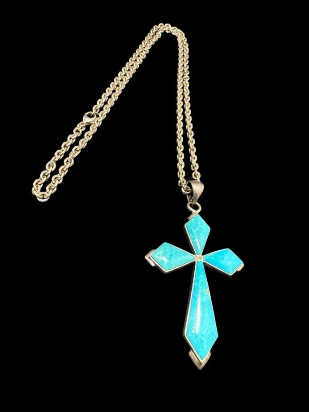 SX 925 Thailand Turquoise Cross Pendant Sterling Silver Oval Chain Necklace